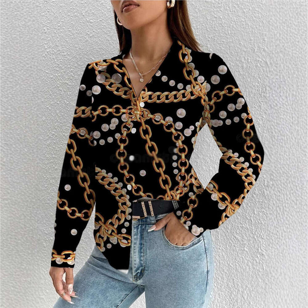 New Retro Digital Printed Long Sleeve Collar Top Women's Trendy Clothing Fashionable Casual Style