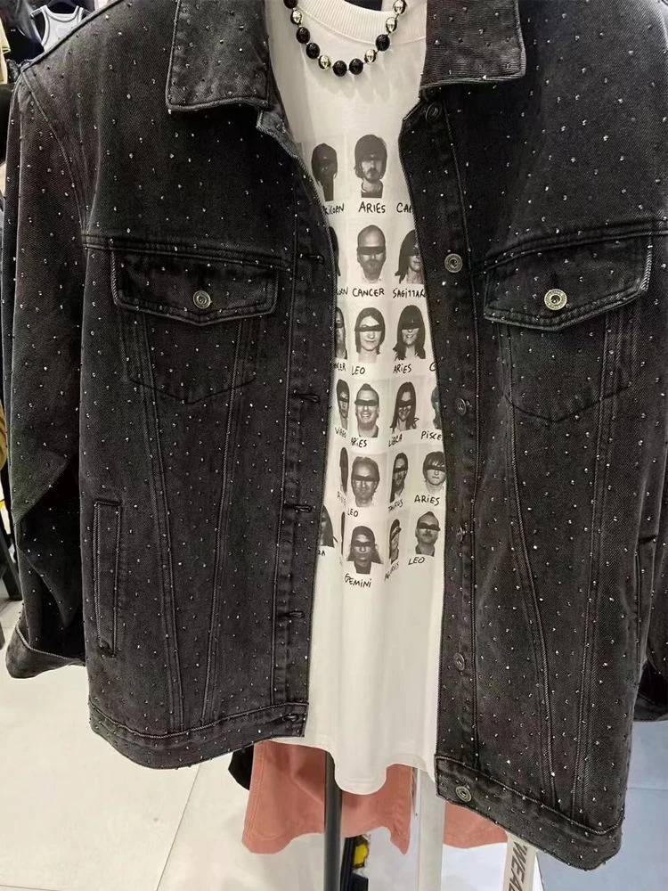 BKQU Rheinstone Shiny Jacket Womens Large Black Denim Jacket 2024 Fashion Collar Single Chest Long Sleeve Loose Jeans Jacket 241209