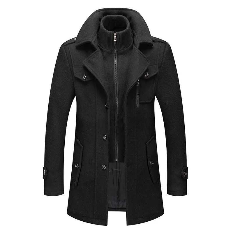New Winter Wool Coat Men Fashion Double Collar Thick Jacket Single Breasted Trench Coat Men Casual Wool Blends Overcoats MenXJ241212