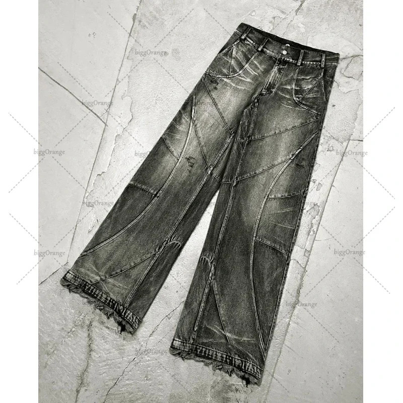 Y2k Streetwear Punk Hip Hop Jeans West Workwear Ripped Rap Style Loose Wash Plus Size Clothing Men Mopping Pants 241112