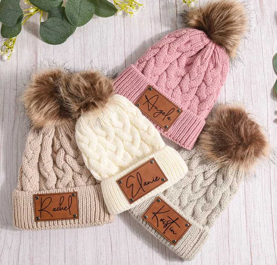 Custom Infant Beanie with NameBaby BeaniesKid Knitted HatLeather Patch Beanie for Baby PersonalizedToddler Child Baby BeanieXJ241213
