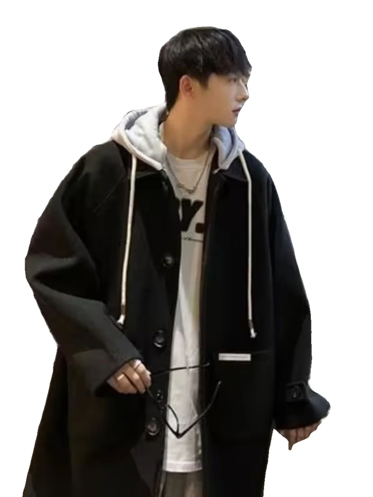 Autumn Winter Thick Woolen Coat Mens Loose Fitting Twopiece Hooded Trench Trendy Windbreaker Mid Length Jacket 241213