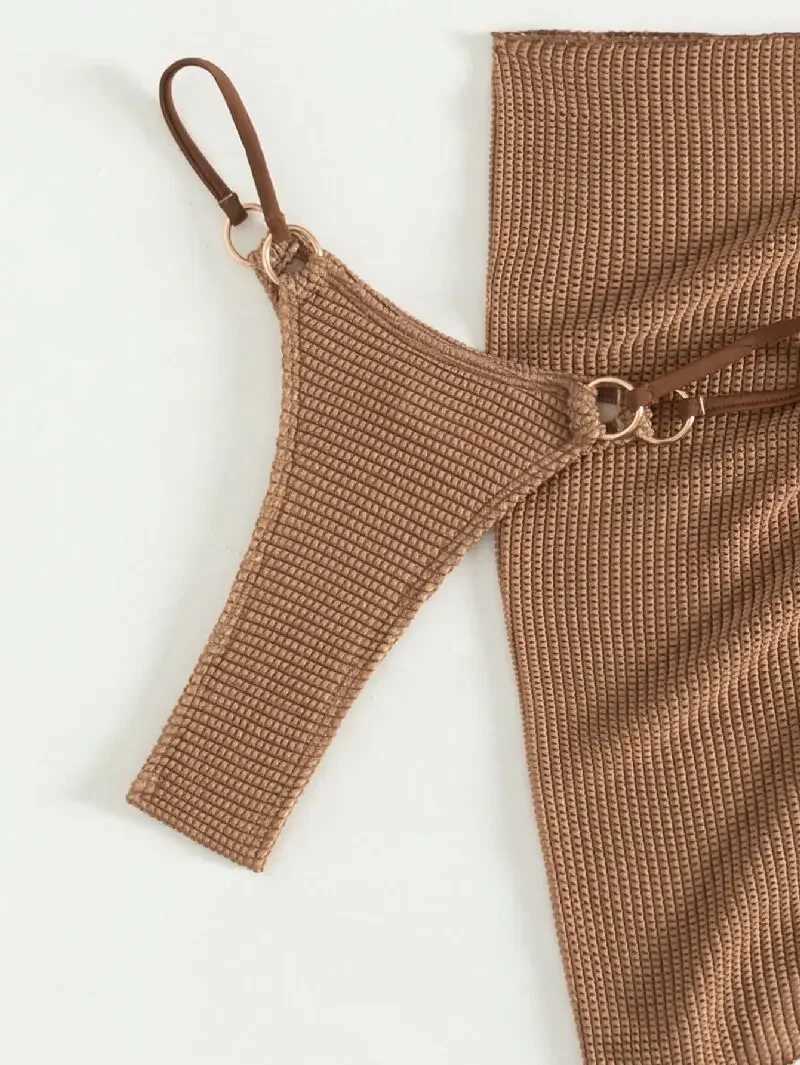Sexy Brown Bikini Set 2024 Women Halter Push Up Bra Skirt 3 Piece Swimsuit Summer Bathing Suit Cover Up Thong Swimwear BiquiniXJ241212