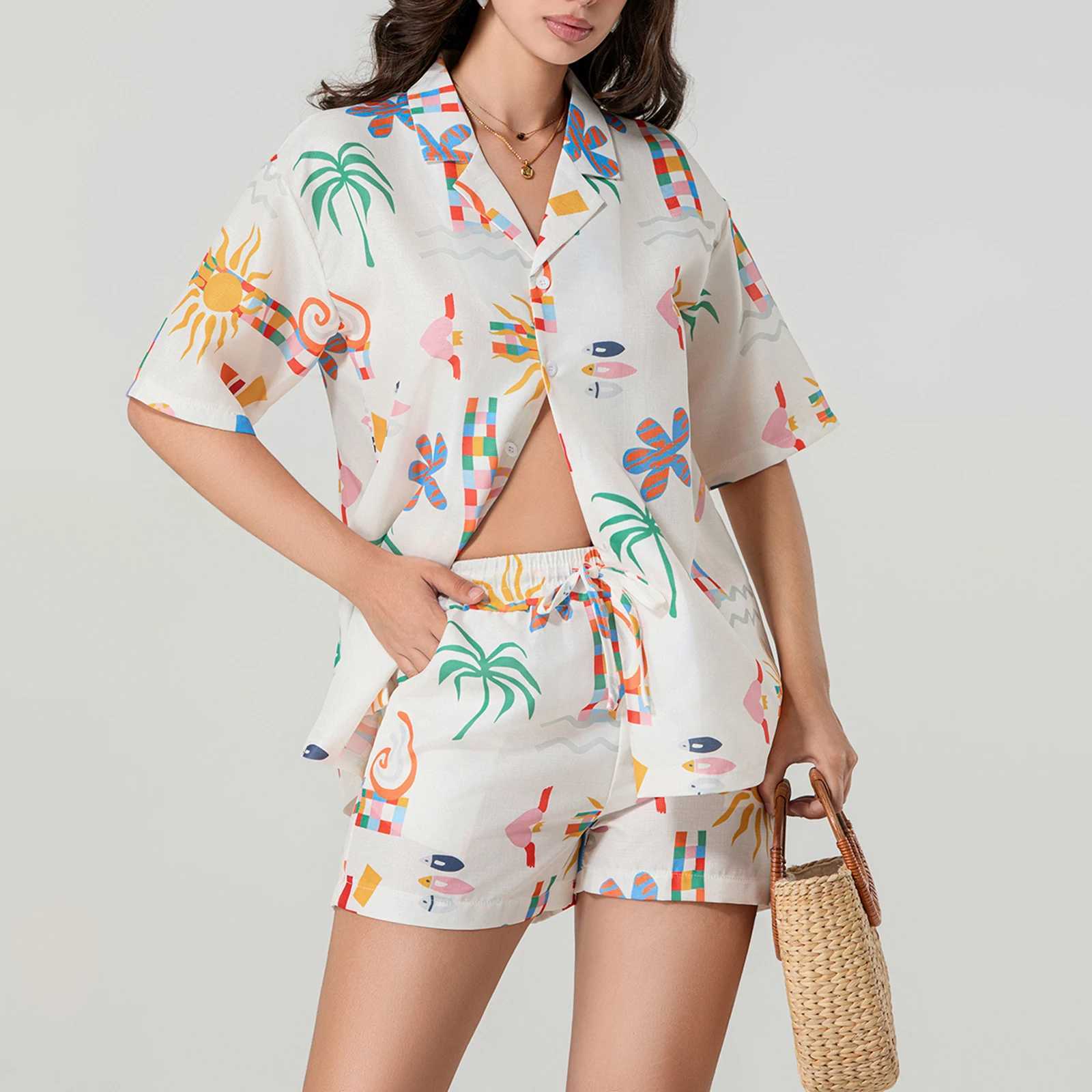 Women's Two Piece Pants Womens Casual 2 Piece Outfits Sun Print Short Slve Lapel Neck Button Up Shirt and Drawstring Shorts Set Loungewear Y24121