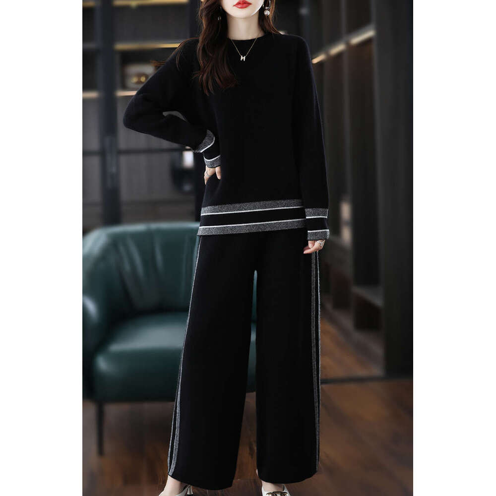 Ladies Suits 100% Merino Wool Women's O-Neck Pullover Autumn/Winter New Fashion Color Matching Casual Two-Piece Suit Female