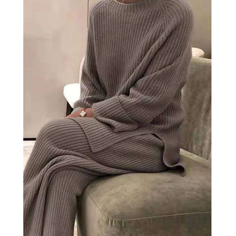 European And American Women's Long Sleeved Solid Color Casual Two-Piece Set Knitted Sweater Fashionable Quality Classic
