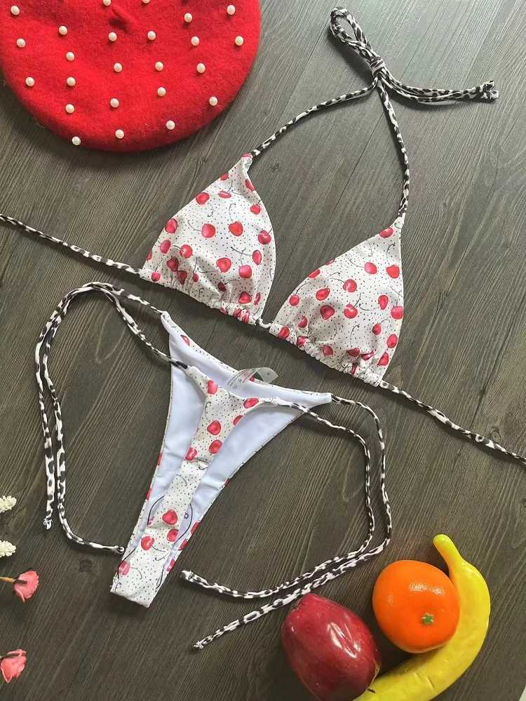 Swimwear Women Cute Cherry Print Brazilian Thong Bikini Set Sexy Thong Swimsuit Two Pieces Bathing Suit Women 2023 Beach WearXJ241212