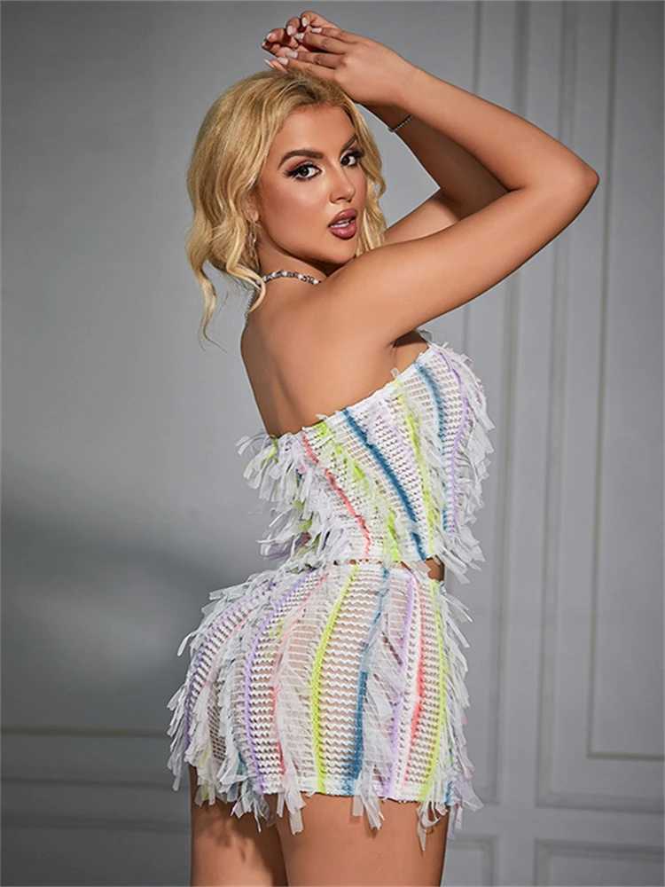 Women's Two Piece Pants WLWXR Summer Colorful Stripe Tassel 2 Piece Set Party Club Outfits Women 2024 Sexy Strapless Crop Tops And Shorts Matchin
