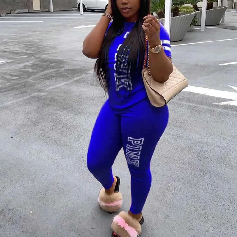 Women's Two Piece Pants Sexy Women Two Set Pcs Letter Print Sweat 2 Piece Set Womens Outfits Fashion Short Slve Tops Pants Set Summer Sportswear 