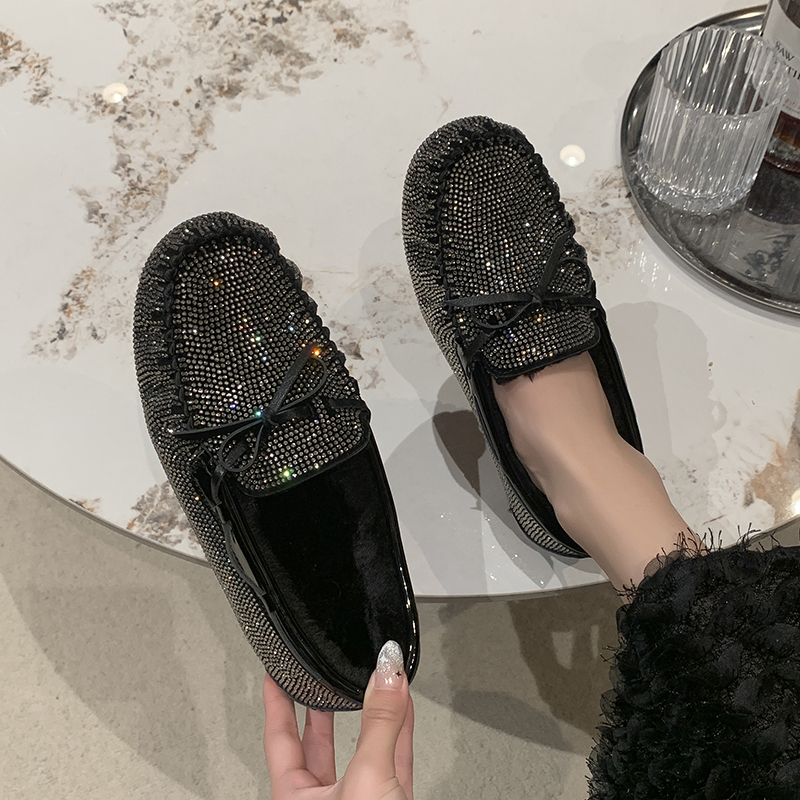 2025 High Quality Designer Plush Women's Flat Shoes Fashion Women's Luxury Bow Water Diamond Casual Shoes Plus Size Winter Warm Work Shoes S