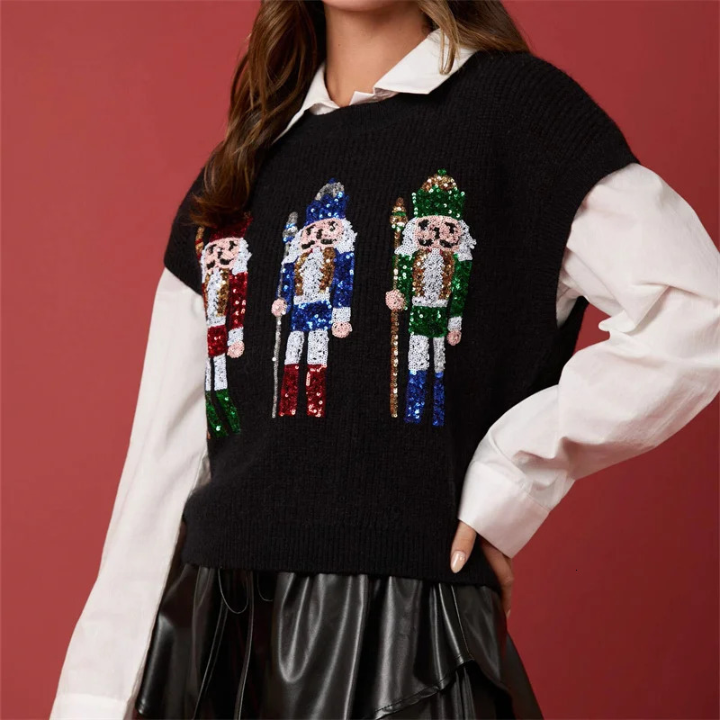 Ugly Christmas Vests for Women Sequin Nutcracker Santa Sweaters Shirt Holiday Sparkly Graphic Crewneck Pullover Top Black 241212