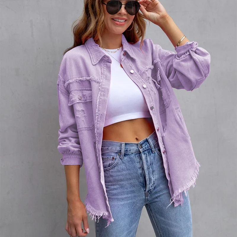 Loose and fashionable womens jacket womens denim jacket solid color top 2024 spring/summer S-XXL 241209