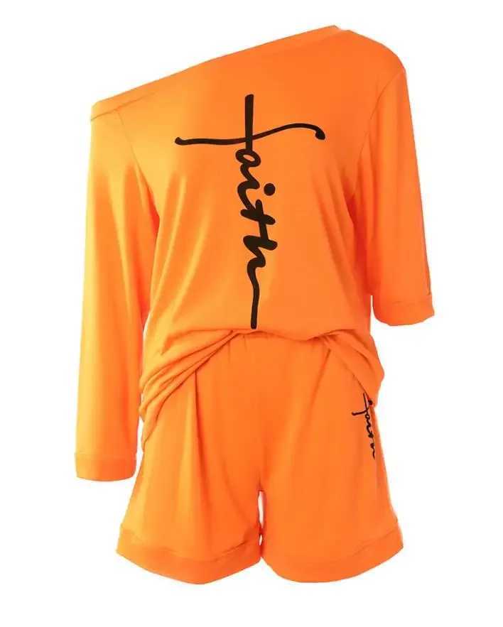 Women's Two Piece Pants 2 Piece Sets Women Outfit Casual Faith Print Summer Womens Suit Long Slved Top Elastic Waist Shorts Set Y2K Womens Shorts