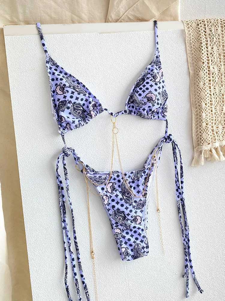 Sexy Triang Chains Bikini Sets Micro Thongs Swimsuit Women Bathing Suit Biquini Bandage Beachwear Print Swimwear Thong BikiniXJ241212