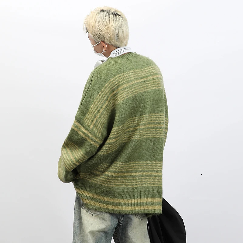 PFNW American Striped Letter n Chic Sweater Mens Vintage Round Neck Loose Autumn Winter Knitted Male Tops 28W4429 241213