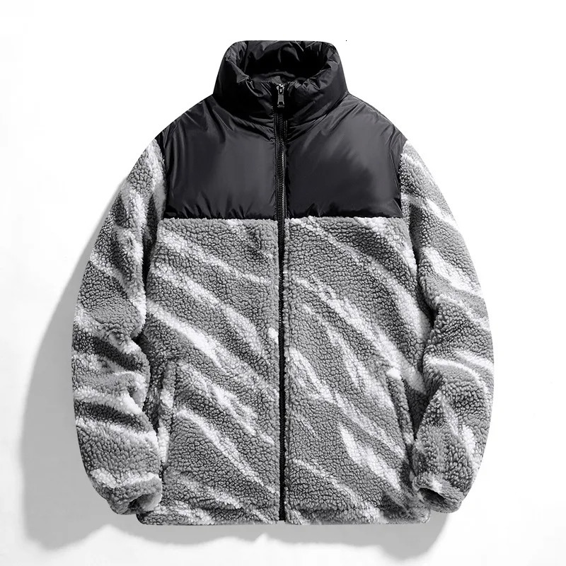 Plus Size Mens Padded Clothing Autumn Winter Zebra Print Outdoor Travel Stand Collar Coat Warm Lambs Wool Jacket 4XL 241213