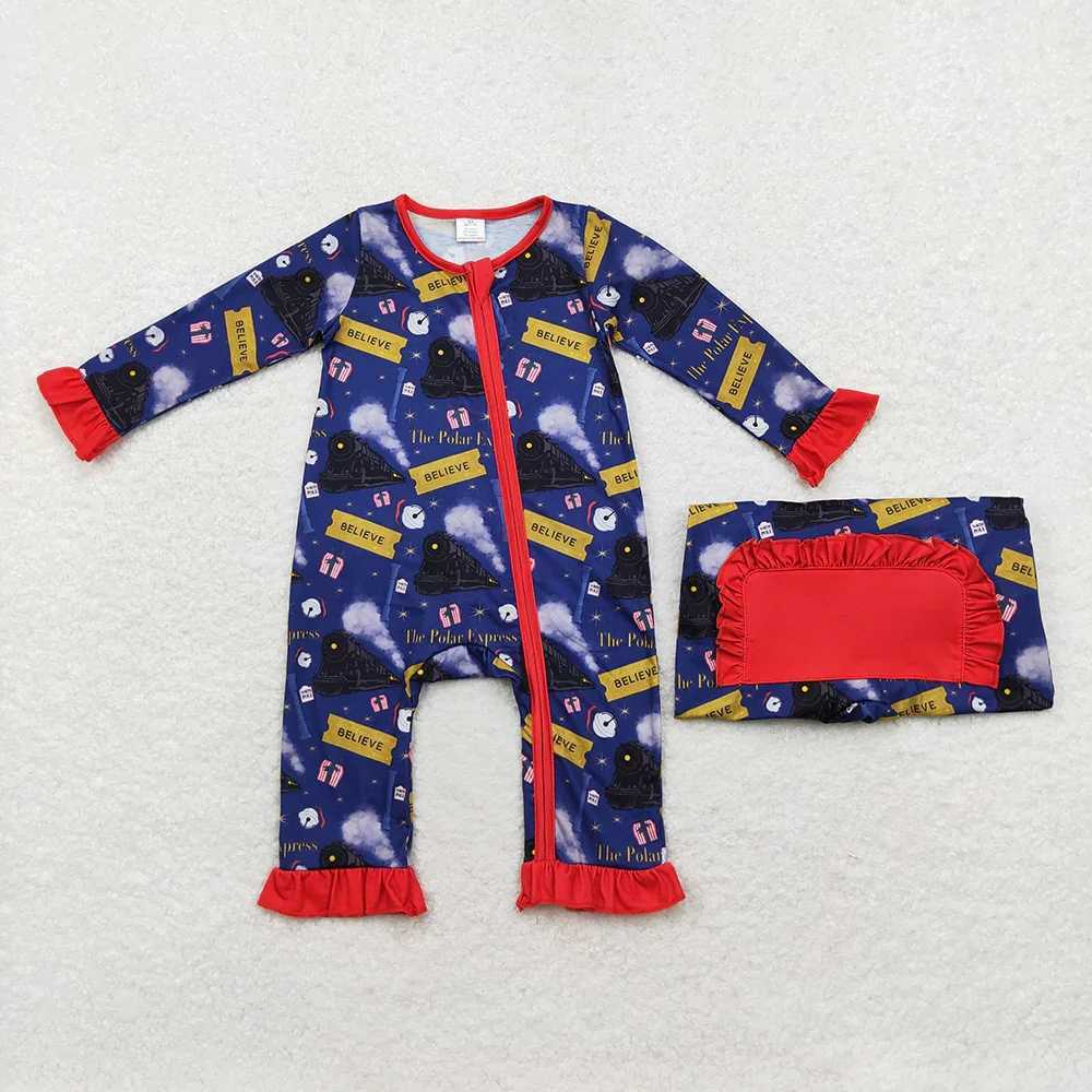 New fashion baby girl boy Christmas train navy blue long sleeved pajamas set jumpsuit wholesale boutique childrens clothing RTS W241213