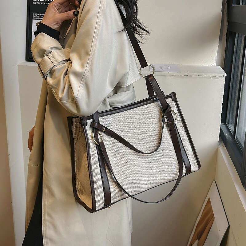 Wholesale Canvas Contrasting Single Shoulder Women's New Retro Trendy Fashion, Large Capacity Commuting Tote Bag, Fashionable Quality, Classic