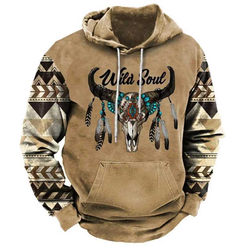North American Demon Wendigo Printed Hoodie Western Cowboy Hoodie Sportswear Daily Casual Over Floral Retro Streetwear W250108