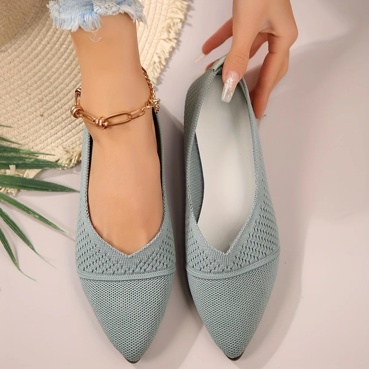 Womens Pointed Toe Flat Shoes Solid Color Knitted Sliding Womens Shoes Casual Breathable Ballet Womens Flat Shoes 241213