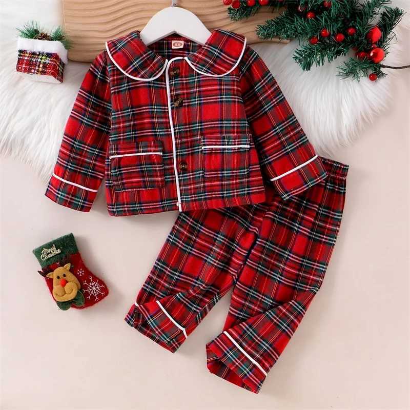 FOCUSNORM 0-5Y Autumn Winter Kids Girls Boys Christmas Pajamas Clothes Sets Plaid Print Turn Down Collar Shirts+Pants W241213
