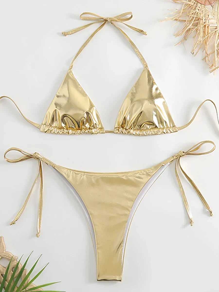 Sexy Metallic Halter Bikinis Sets Lace Up Triang Tie Side Bikini 2024 Swimsuit Women Swimwear Brazilian Fa Bathing SuitsXJ241212