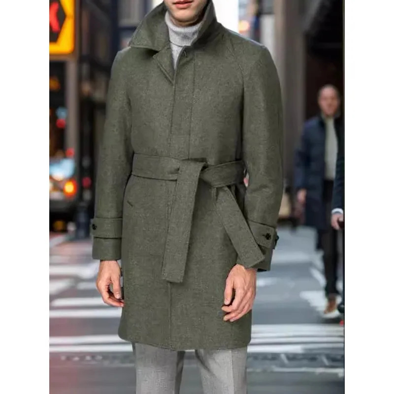 Mens Raglan Sleeve Coat Autumn and Winter Mid Length Fashion Flip Collar Wool Belt Casual 241213
