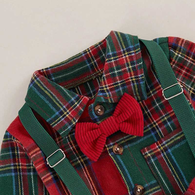 Pudcoco Toddler Kids Boy Gentleman Outfit Christmas Plaid Print Button Long Sleeves Shirt Suspender Pants Set Formal Wear 1-7T W241213