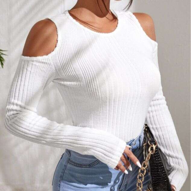 European and American personality 2023 autumn new product round neck off shoulder slim fit long sleeved T-shirt women, casual knitted top for women