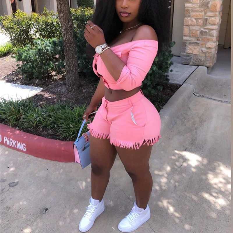Women's Two Piece Pants Two Piece Set Women Off Shoulder Buttons Crop Top Shorts 2 Piece Set Outfits Tracksuit Plus Size Casual Strtwear S 3XL 4X