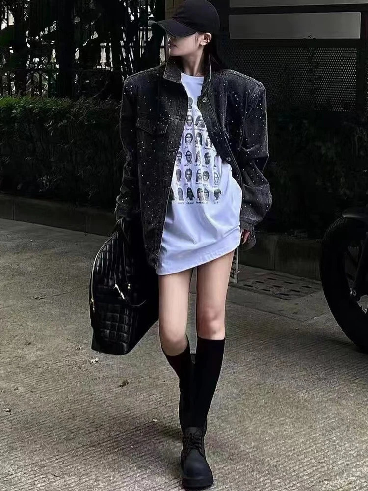 BKQU Rheinstone Shiny Jacket Womens Large Black Denim Jacket 2024 Fashion Collar Single Chest Long Sleeve Loose Jeans Jacket 241209