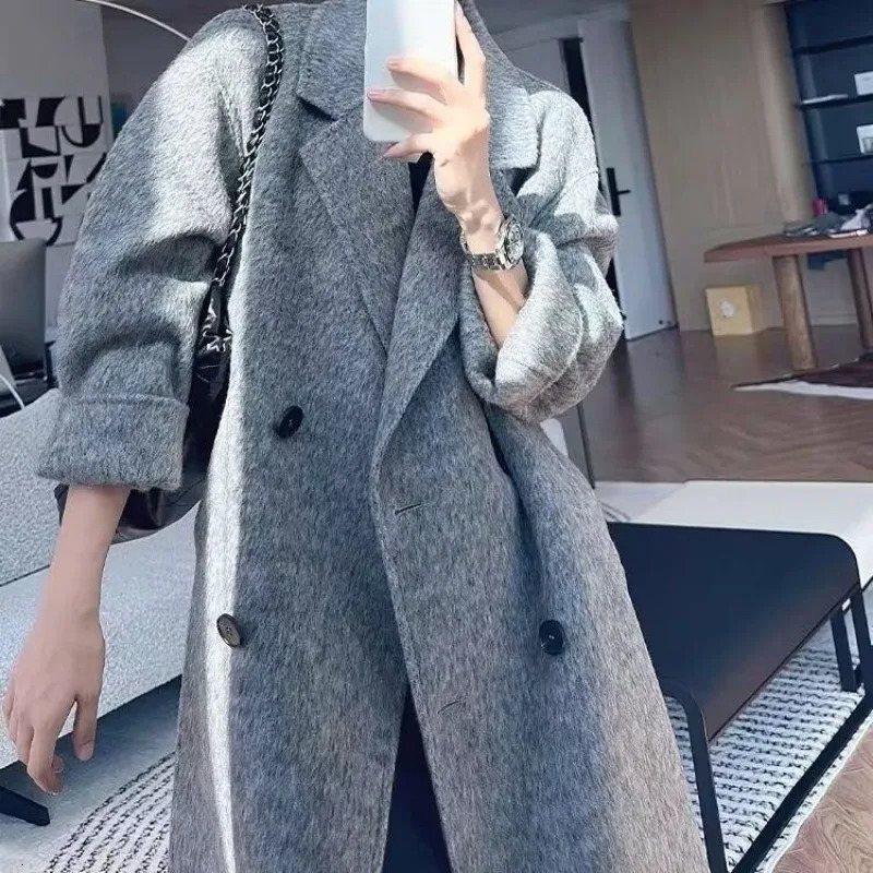 100% Wool Doublesided Woolen Coat for Women Pure Handmade Cashmere Loose Medium Long Plus Size Wom en 241213