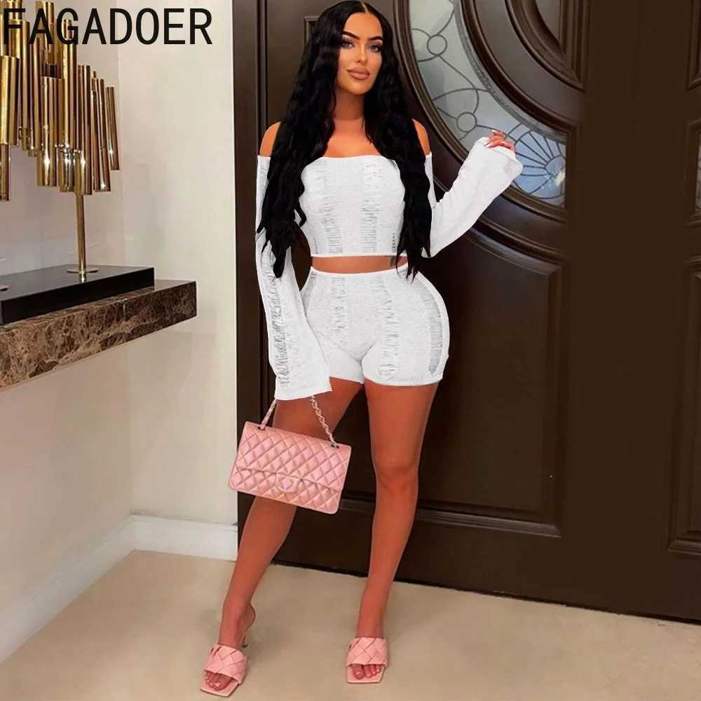 Women's Two Piece Pants FAGADOER Sexy Knitting Hollow Out Shorts Two Piece Sets Women Off Shoulder Crop Top And Shorts Outfits Female Solid 2pcs 