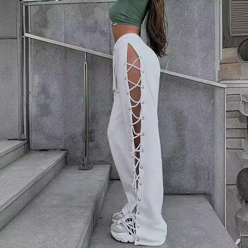 European And American Women's New Street Slim Fit Side Slit Chicken Eye Strap Hollow Out Versatile Wide Leg Pants