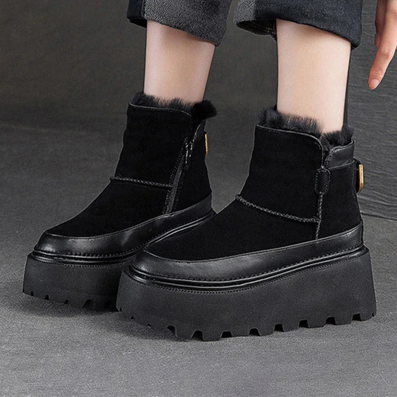 New Thick soled Snow Leather Women's High Heels Ankle Shoes 2025 Winter Designer Suede Short Fur Boots Casual Shoes