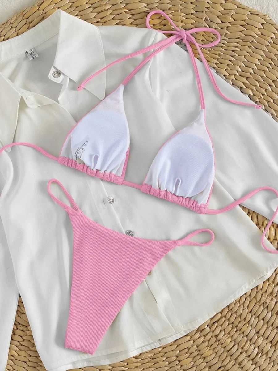 String Bikinis 2024 Women Sexy Triang Swimsuit Solid White Swimwear Fa Padded Bathers Bathing Swimming Swim Suit BeachwearXJ241212