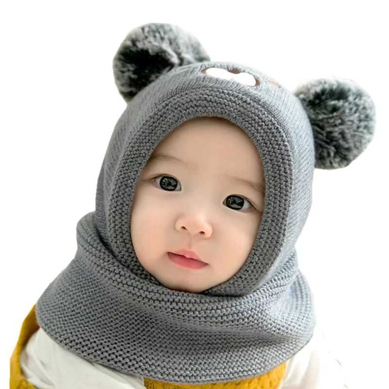 Cute Pompom Knitted Kids Hooded Beanie One Piece Scarf Cap Winter Baby Balaclava Hat Toddler Girl Boy Ear Protection Warm HatsXJ241213