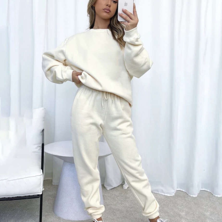 European American Spring And Autumn Pure Color Round Neck Pullover Pants Women's Long Sleeved Hoodie Set Trendy Clothing Fashion Casual Temperame