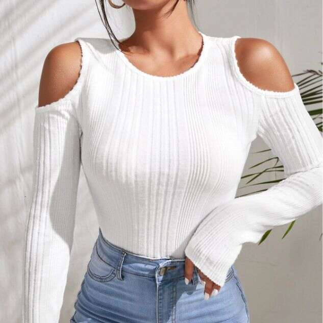 European and American personality 2023 autumn new product round neck off shoulder slim fit long sleeved T-shirt women, casual knitted top for women