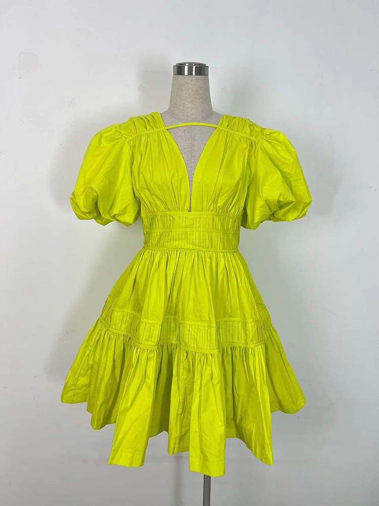 Patchwork Folds Dresses For Women V Neck Puff Sleeve High Waist Solid Chic A E Mini Dress Female Fashion Clothes
