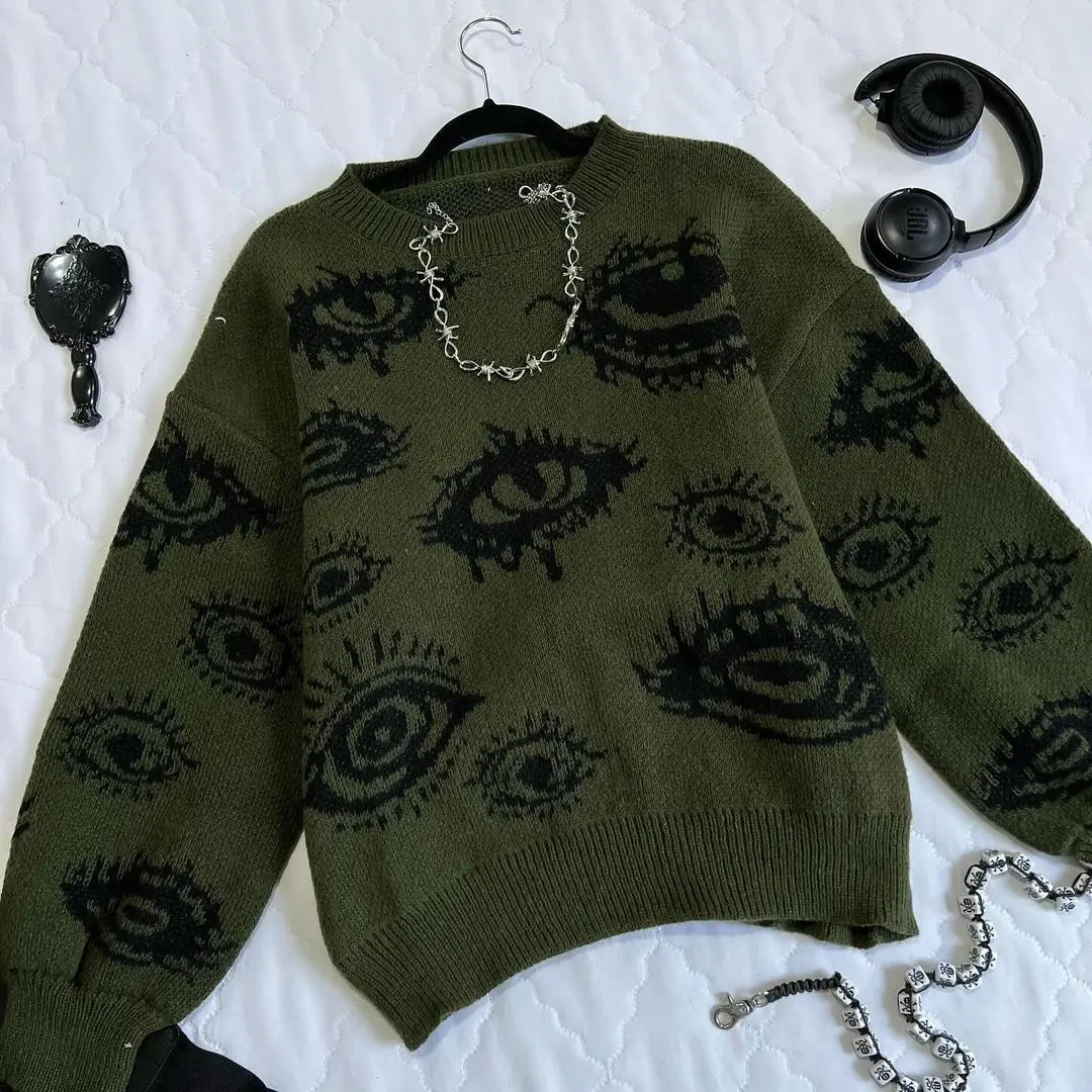 Gothic Punk Oversized Eye Pattern Sweaters for Men and Women Autumn Winter Thickened Sweatshirts Knitted Sweater Streetwear 241213