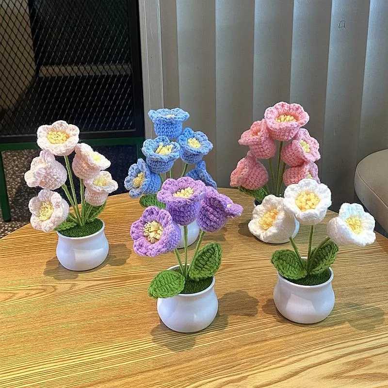 DIY Handwoven Mini Potted Flower Rose Office Desktop Ornamental Potted Plants Woolen Thread Finished Product Home DecorationXJ241212