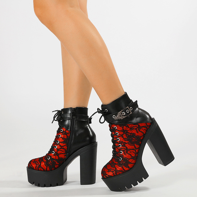 Women's Sexy Red Lace Up Platform High Heels - Vintage Inspired Gothic Buckled Ankle Boots