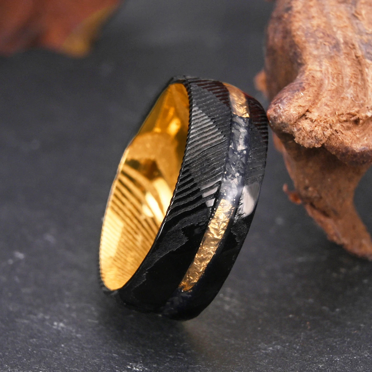 Black hammered Damascus steel mens 8mm couple wedding engagement ring daily fashion wear holiday gift 241213