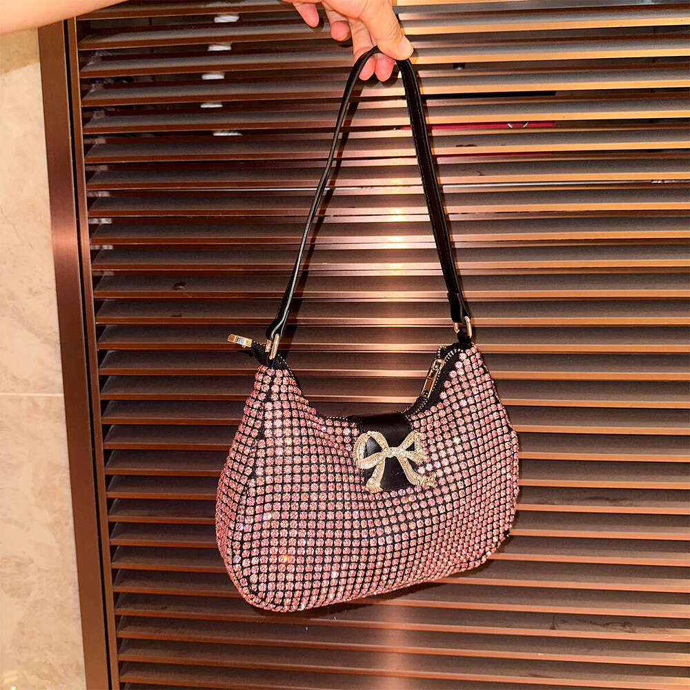 Luxury designer diamond studded women's armpit niche sparkling rhinestone dinner bag, cute bow handbag