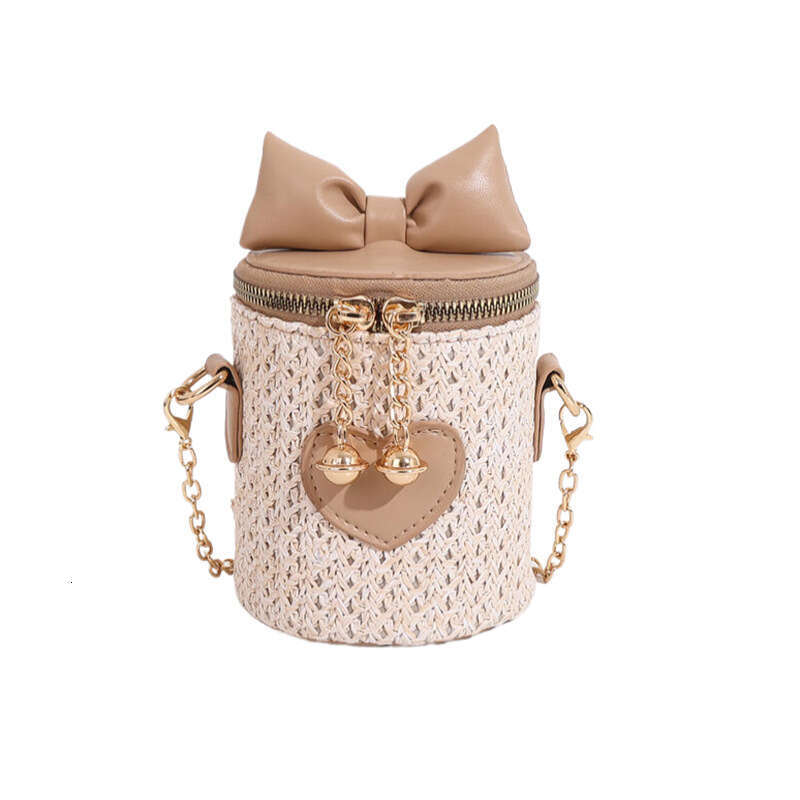 2025 New Bohemian Mini Splicing Straw Water Bucket Women's Crossbody Woven Chain Bow Bag