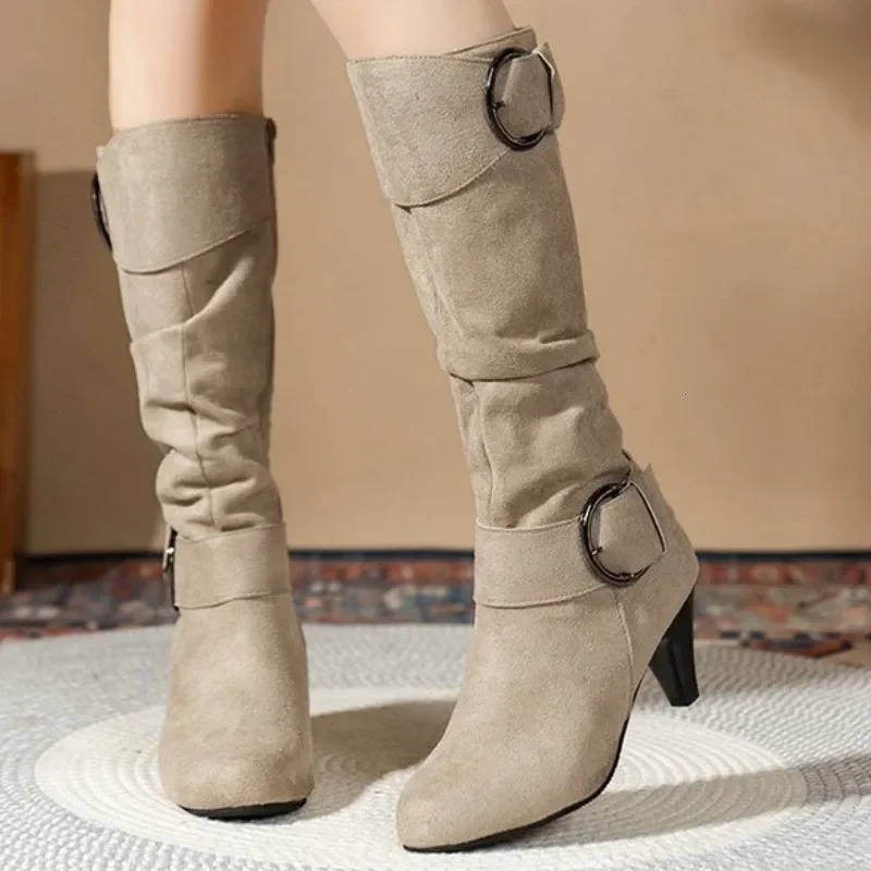 Autumn Fashion Womens Boots Side Zip Shoes Women Mid-calf Boots Pointed Tip Ladies High Heels Suede Winter Boots For Women 241213