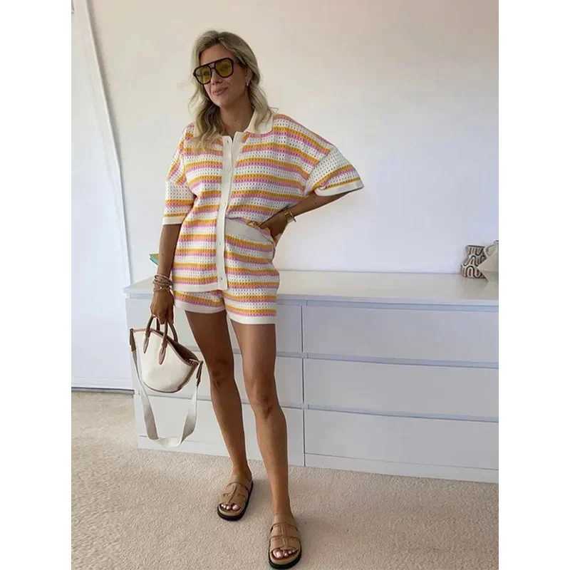 Women's Two Piece Pants JINIA Summer Striped Knitted 2 Piece Short Sets Women 2024 Casual Single Breasted Lapel Cardigan Short Sets Ladies Boho O
