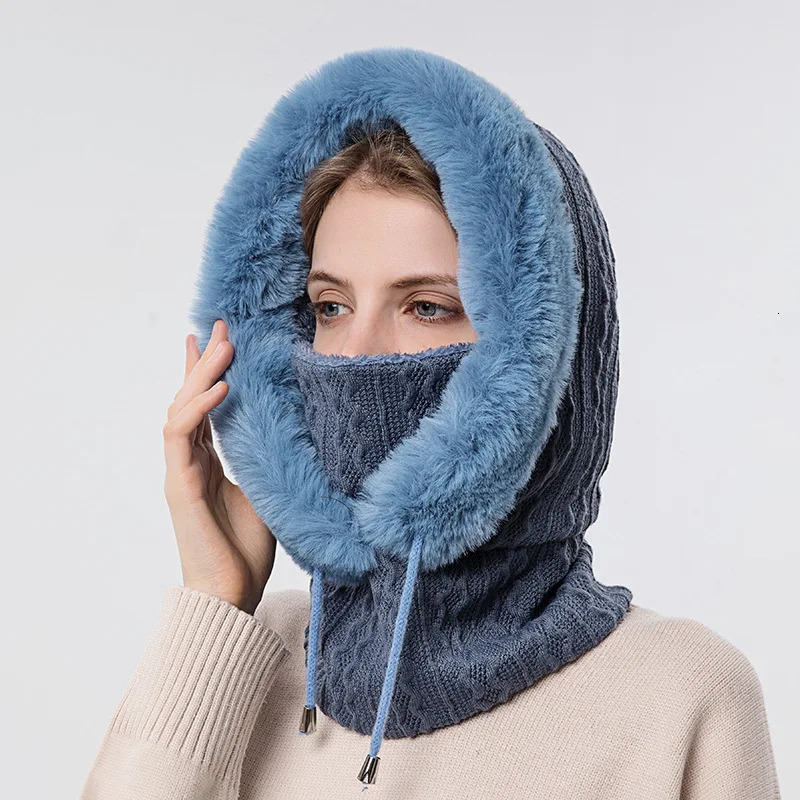Russian style winter fur hat mask set womens knitted warm outdoor skiing windproof thick plush fluffy beanie hat 241205