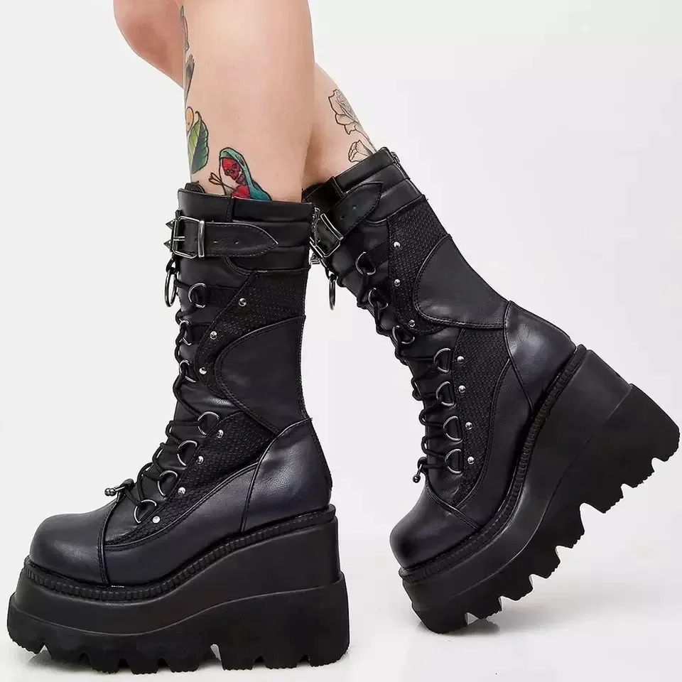 Womens Gothic Platform Boots Fashion Rivet Buckle Punk Wedge High Heels Womens Party Shoes Role Playing Womens Shoes 241213